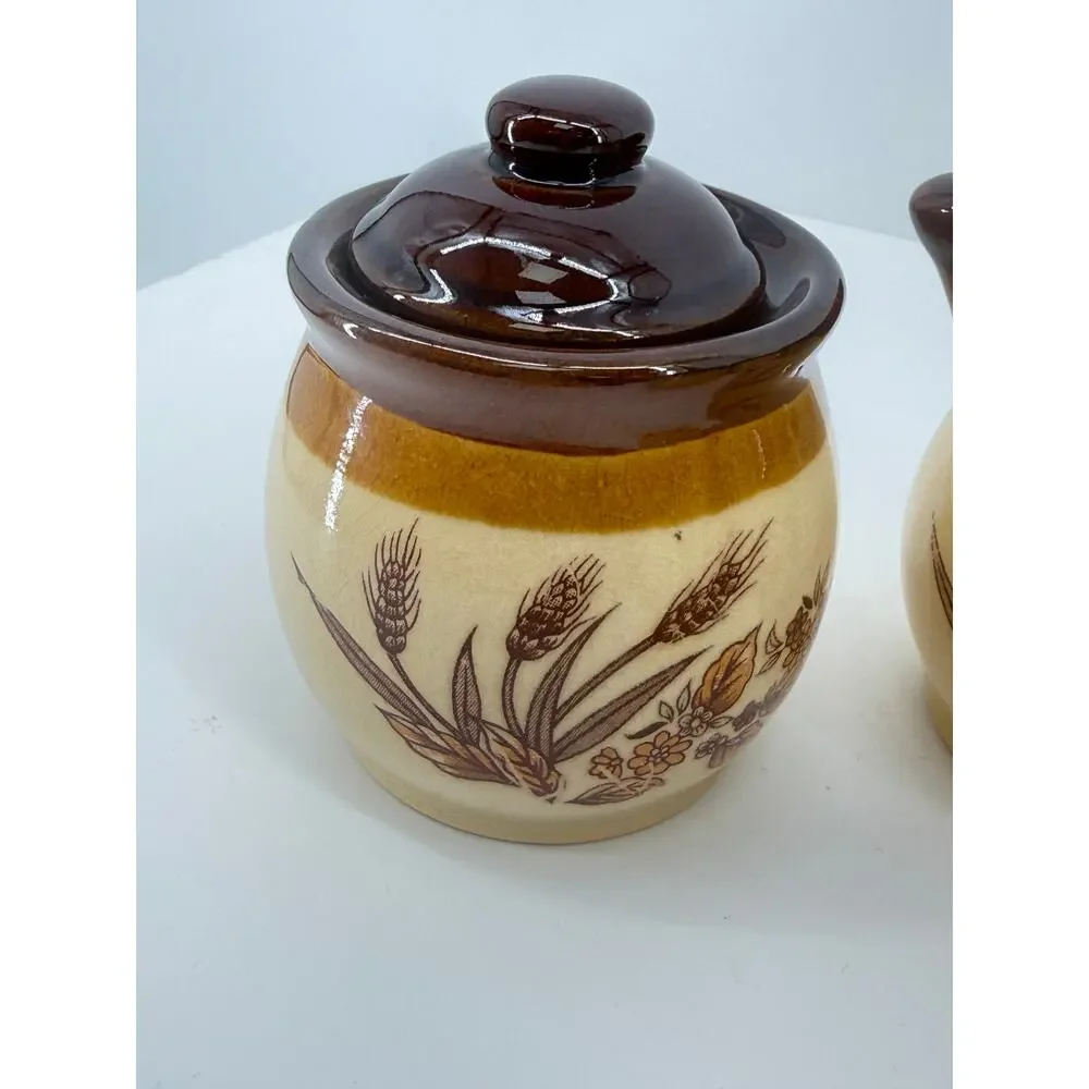 Vintage Wheat Stoneware Coffee Mugs Creamer Sugar Bowl 70s Cottagecore Set